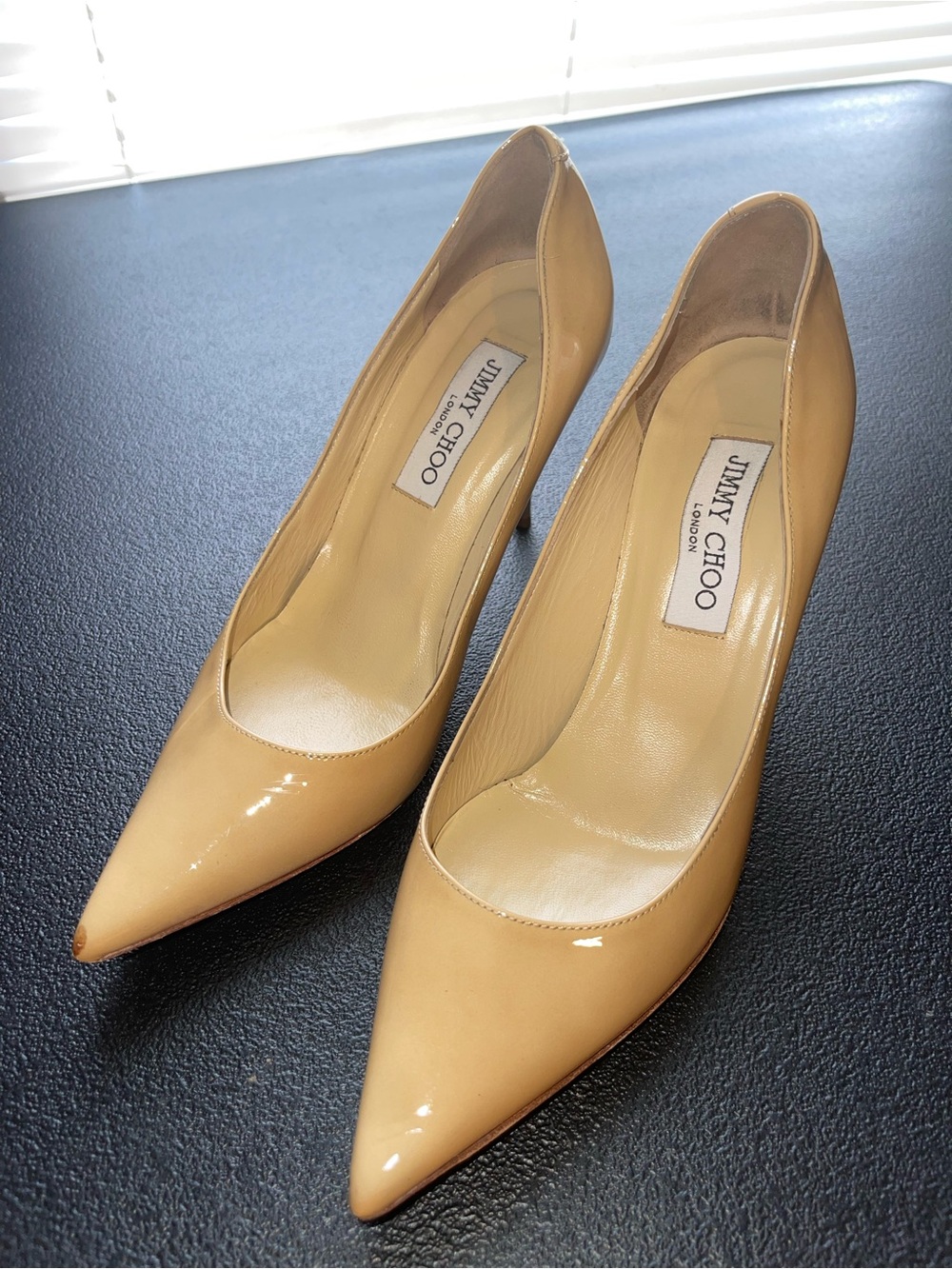 Jimmy Choo Beige Patent Leather Pointed-Toe Pumps